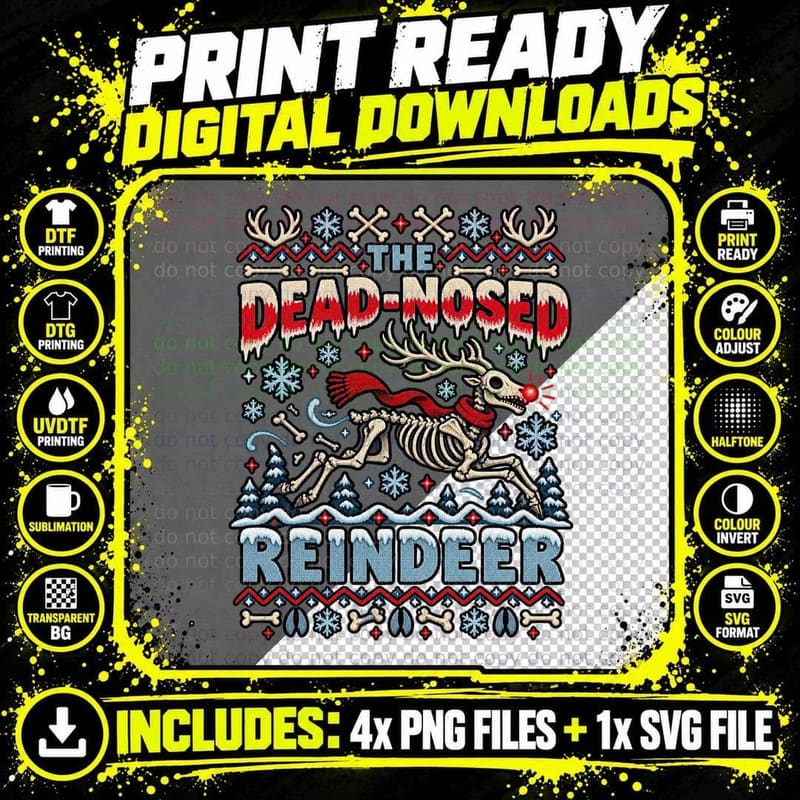 Skeleton Reindeer Christmas Ugly Sweater Rudolph Horror Png SVG Digital Bundle