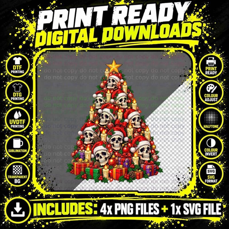 Skull Christmas Santa Hat Gothic Spooky Alternative Png SVG Digital Bundle