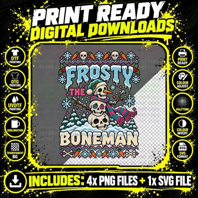 Skull Snowman Christmas Ugly Sweater Frosty Boneman Png SVG Digital Bundle