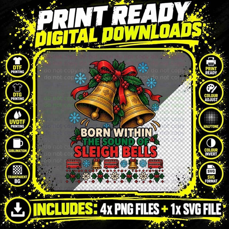 Sleigh Bells Holly Christmas Ugly Sweater Born Within Png SVG Digital Bundle
