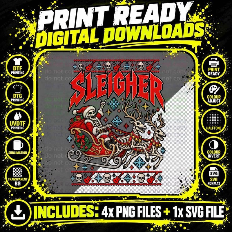 Sleigher Christmas Ugly Sweater Skeleton Reindeer Heavy Png SVG Digital Bundle