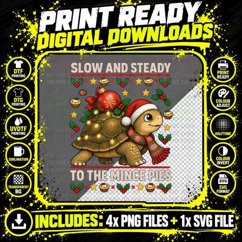 Slow and Steady to the Mince Pies Tortoise Ugly Sweater Png SVG Digital Bundle