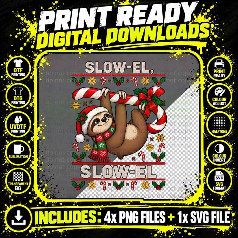 Slow-el Slow-el Sloth Ugly Sweater Funny Christmas Png SVG Digital Bundle