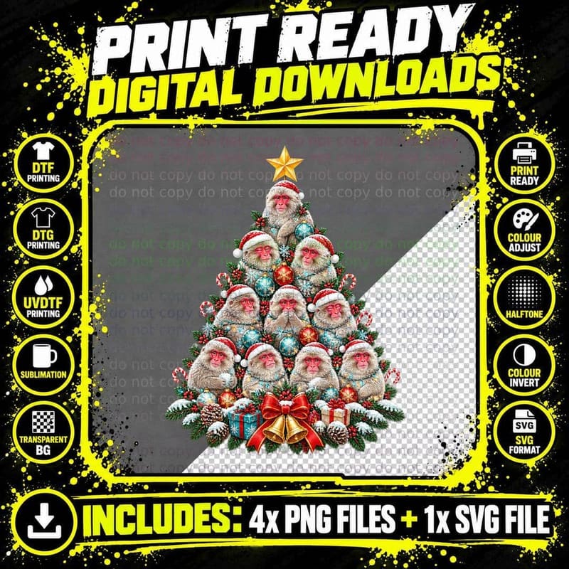 Snow Monkey Christmas Pun, Vintage Wildlife Tee Png SVG Digital Bundle