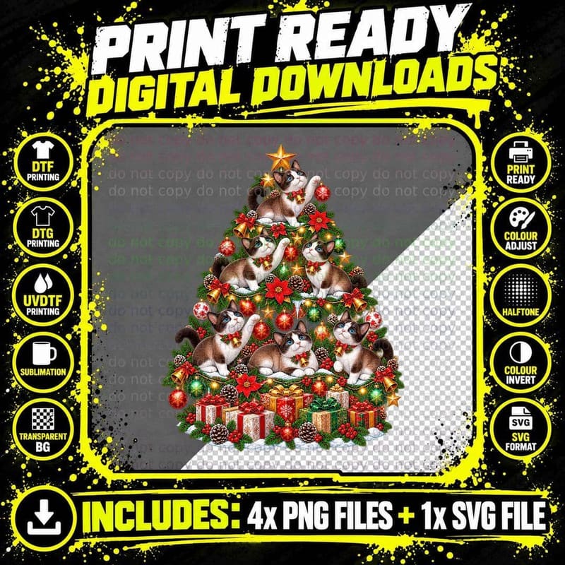 Snowshoe Cat Christmas Blue Eyes White Paws Cute Vintage Png SVG Digital Bundle