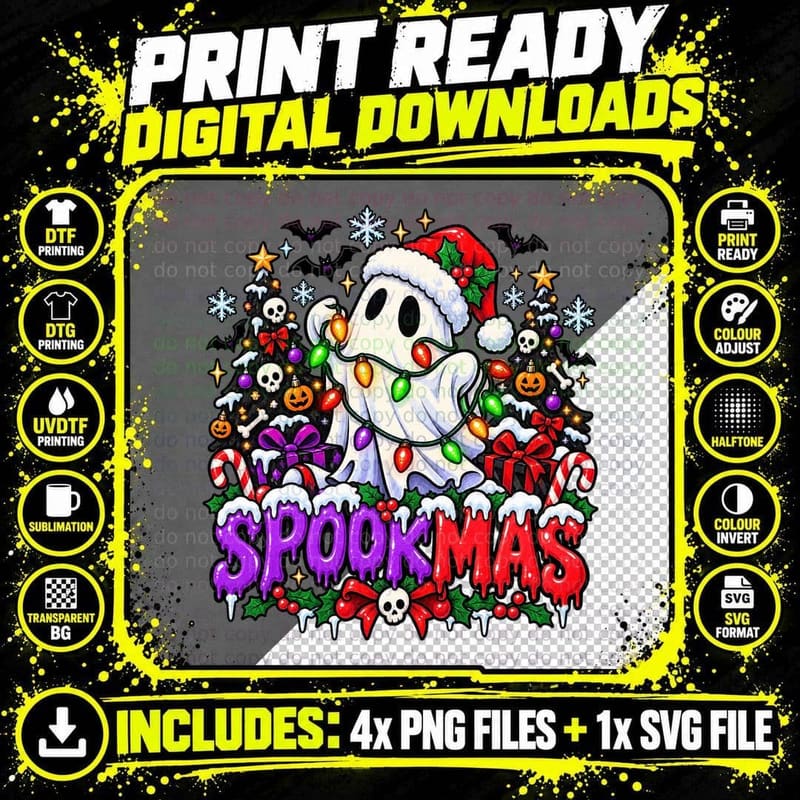 Spookmas Christmas Ghost Kawaii Halloween Cute Spooky Png SVG Digital Bundle