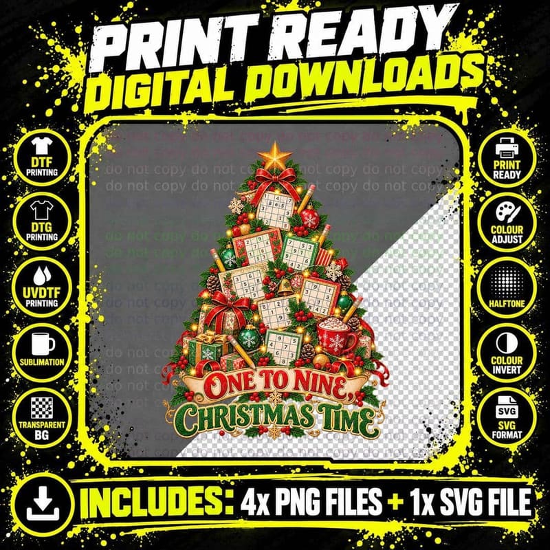 Sudoku Christmas Tree Number Puzzle Lover Gift Colorful Png SVG Digital Bundle