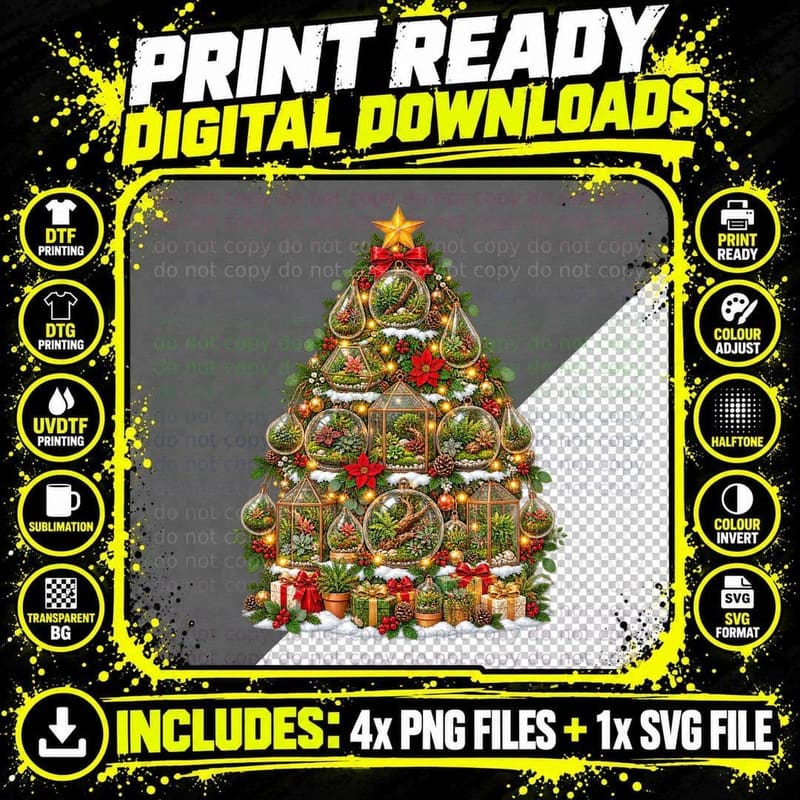 Terrarium Christmas Tree Plant Lover Moss Fern Botanical Png SVG Digital Bundle