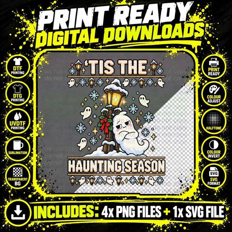 Tis the Haunting Season Ghost Ugly Sweater Victorian Png SVG Digital Bundle