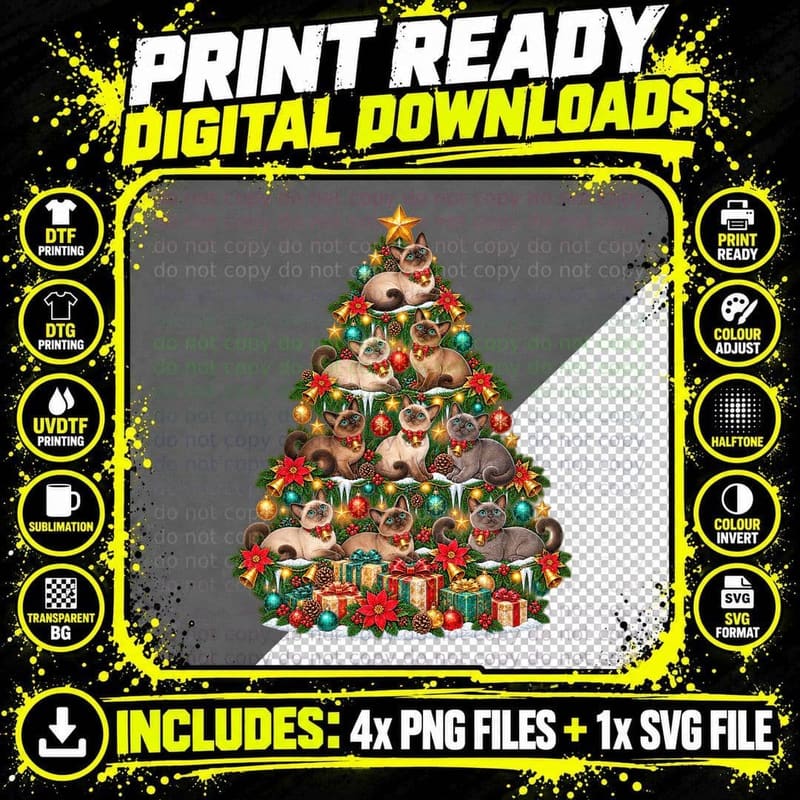 Tonkinese Cat Christmas Tree Cute Cats Aqua Eyes Mink Png SVG Digital Bundle