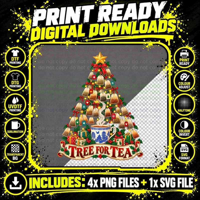 Tree for Tea Christmas Tea Bag Retro British Tea Lover Png SVG Digital Bundle