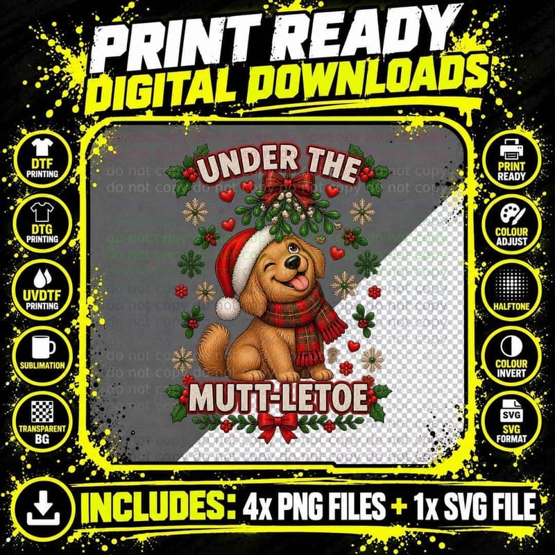 Under the Mutt-letoe Scruffy Dog Ugly Sweater Christmas Png SVG Digital Bundle