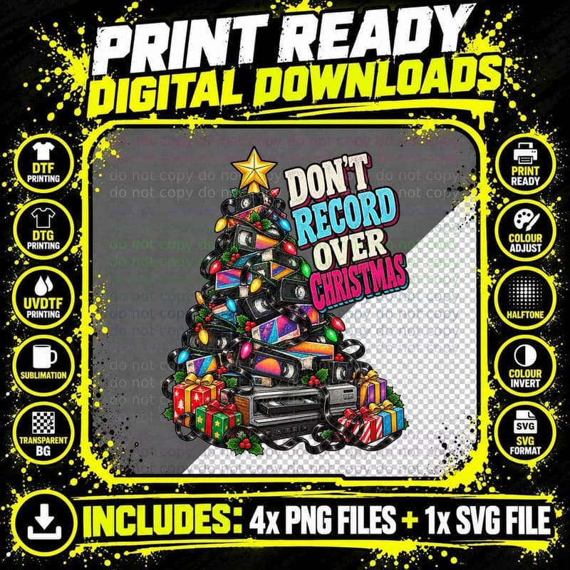 VHS Tape Christmas Tree Dont Record Over Christmas Retro Png SVG Digital Bundle