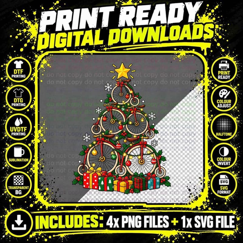 Victorian Penny Farthing Christmas Tree Vintage Bicycle Png SVG Digital Bundle