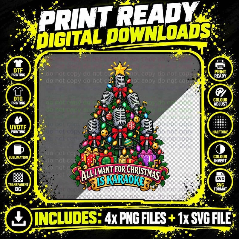 Vintage Microphone Christmas Retro Cartoon Karaoke Png SVG Digital Bundle