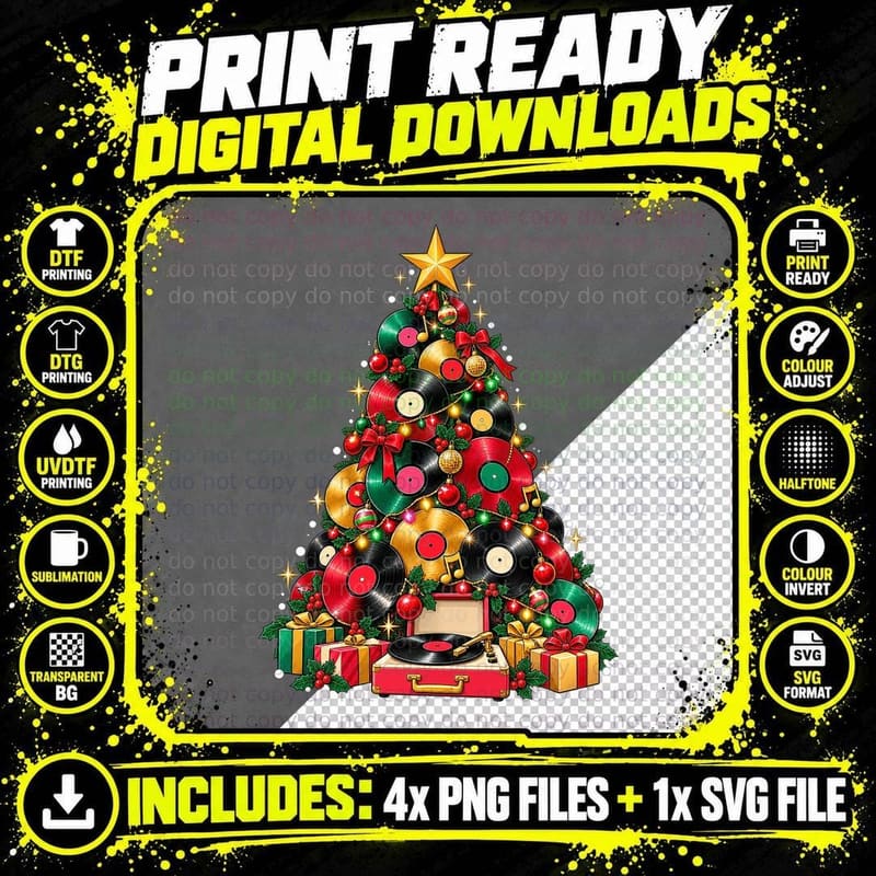 Vinyl Record Christmas Retro Music Lover Disco DJ Png SVG Digital Bundle