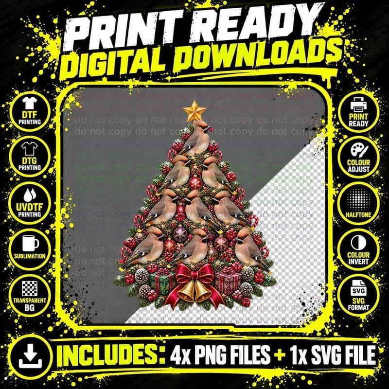 Waxwing Christmas Pun, Vintage Bird Tee Png SVG Digital Bundle