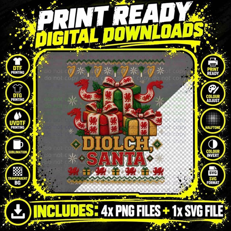 Welsh Dragon Presents Ugly Sweater Christmas Gift Giving Png SVG Digital Bundle