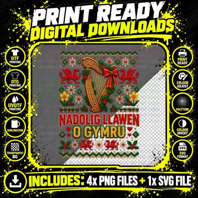 Welsh Harp Ugly Sweater Christmas Welsh Music Heritage Png SVG Digital Bundle