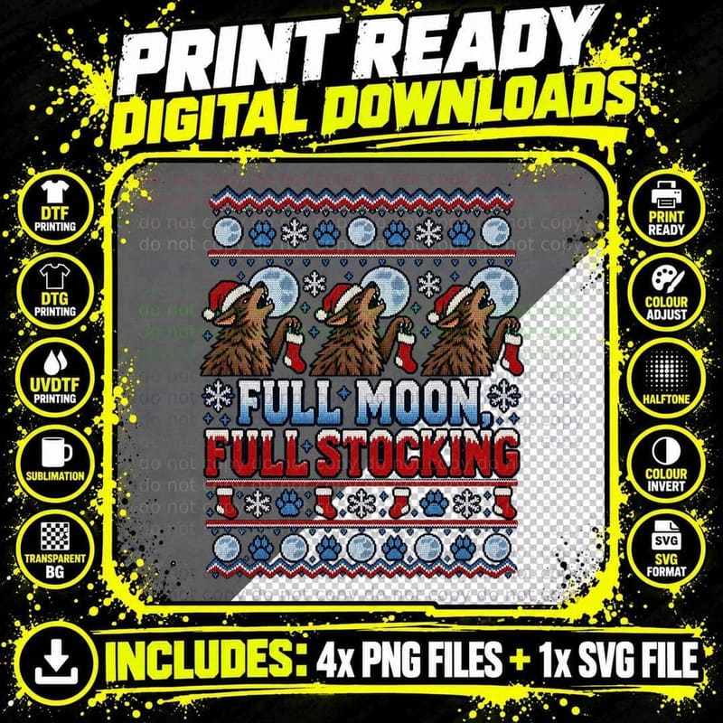 Werewolf Christmas Ugly Sweater Full Moon Wolf Santa Png SVG Digital Bundle