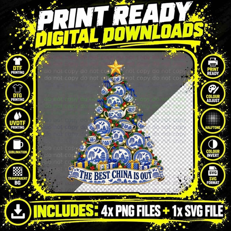 Willow Pattern China Christmas Vintage Porcelain Blue Png SVG Digital Bundle