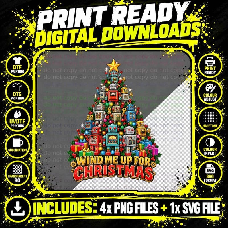 Wind Me Up For Christmas Retro Tin Robot Toy Vintage Png SVG Digital Bundle