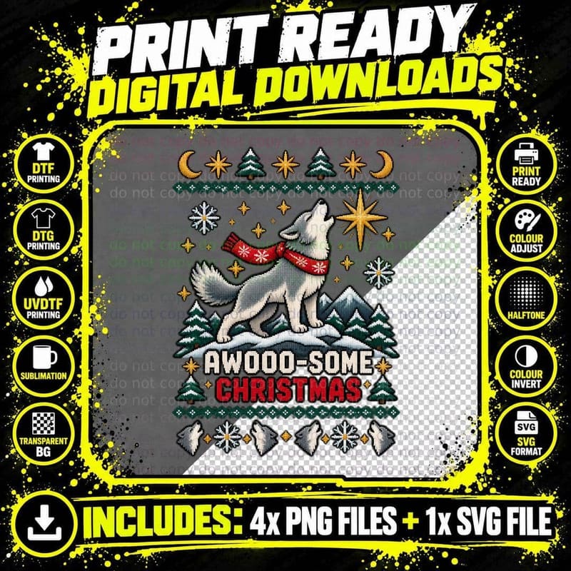 Wolf Christmas Ugly Sweater Howling Star Retro Funny Png SVG Digital Bundle