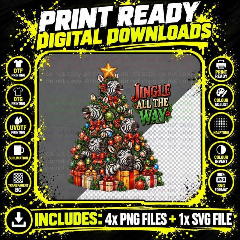 Zebra Jingle All The Way Christmas Tree Funny Safari Png SVG Digital Bundle