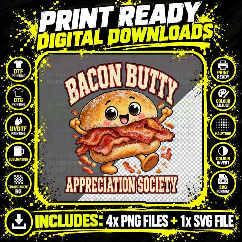 Bacon Butty Appreciation Society Cute Cartoon Breakfast Png SVG Digital Bundle