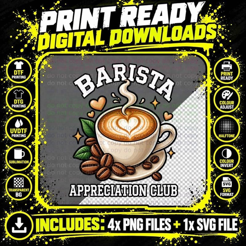 Barista Appreciation Club Retro Latte Art Coffee Cup Png SVG Digital Bundle