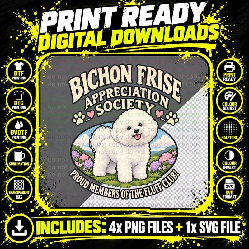 Bichon Frise Appreciation Society Retro Fluffy Dog Mom Png SVG Digital Bundle