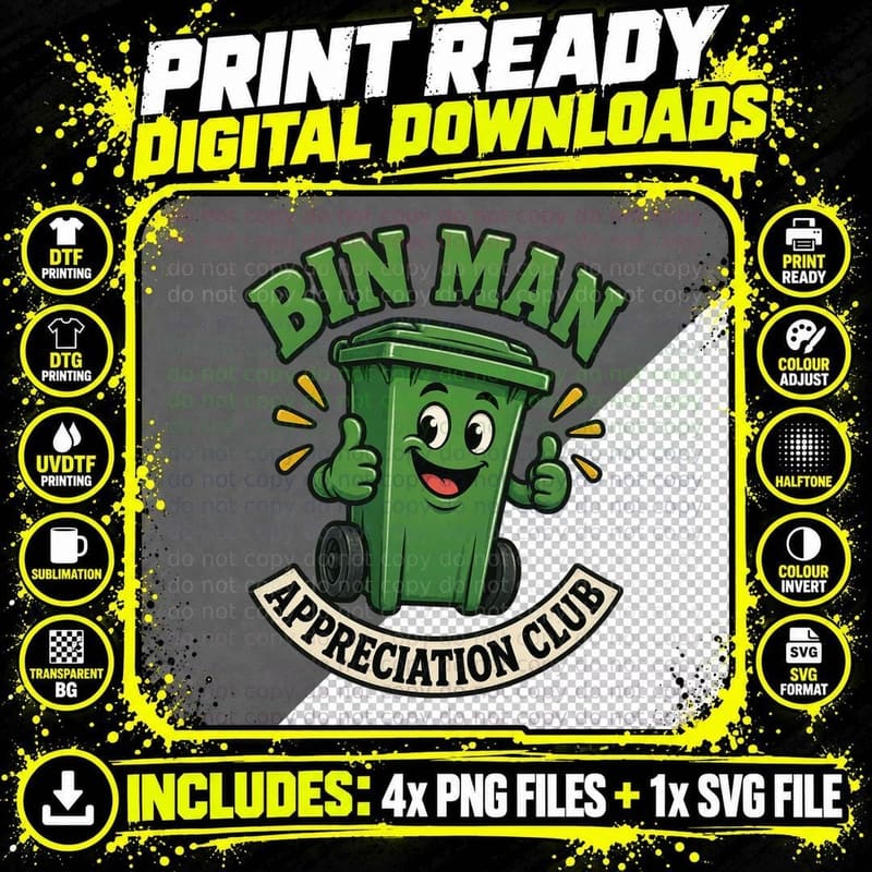 Bin Man Wheelie Bin Retro Rubbish Collector Funny Png SVG Digital Bundle