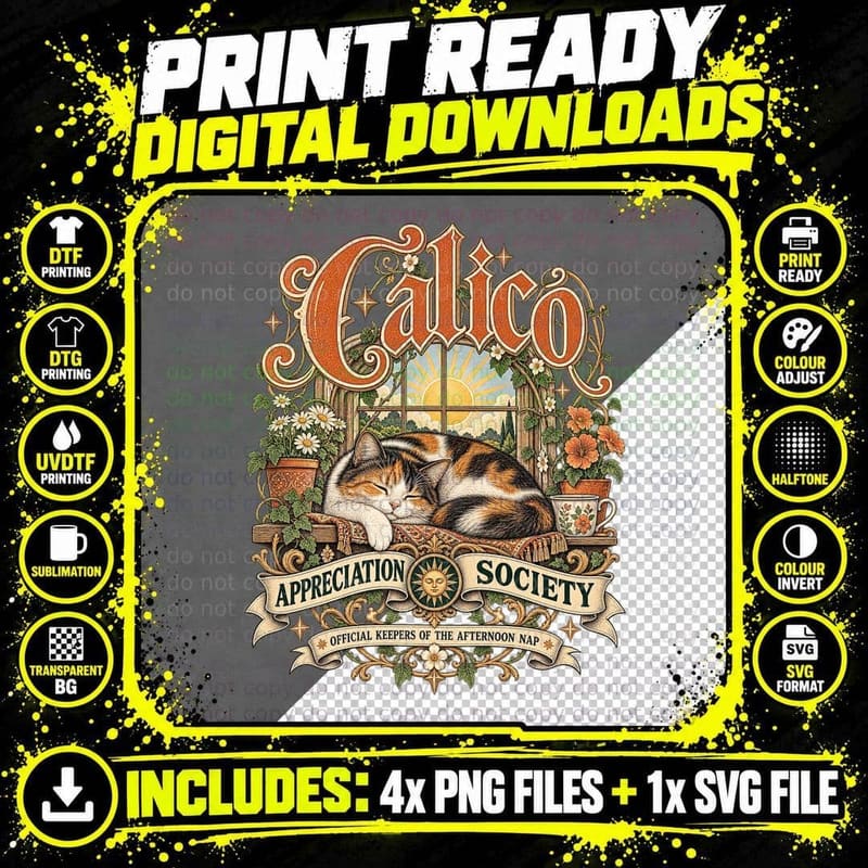 Calico Appreciation Society Cottagecore Sleeping Calico Png SVG Digital Bundle