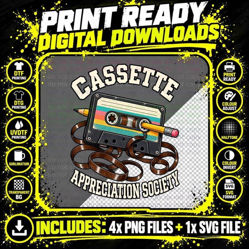 Cassette Appreciation Society Retro Cassette Tape Pencil Png SVG Digital Bundle