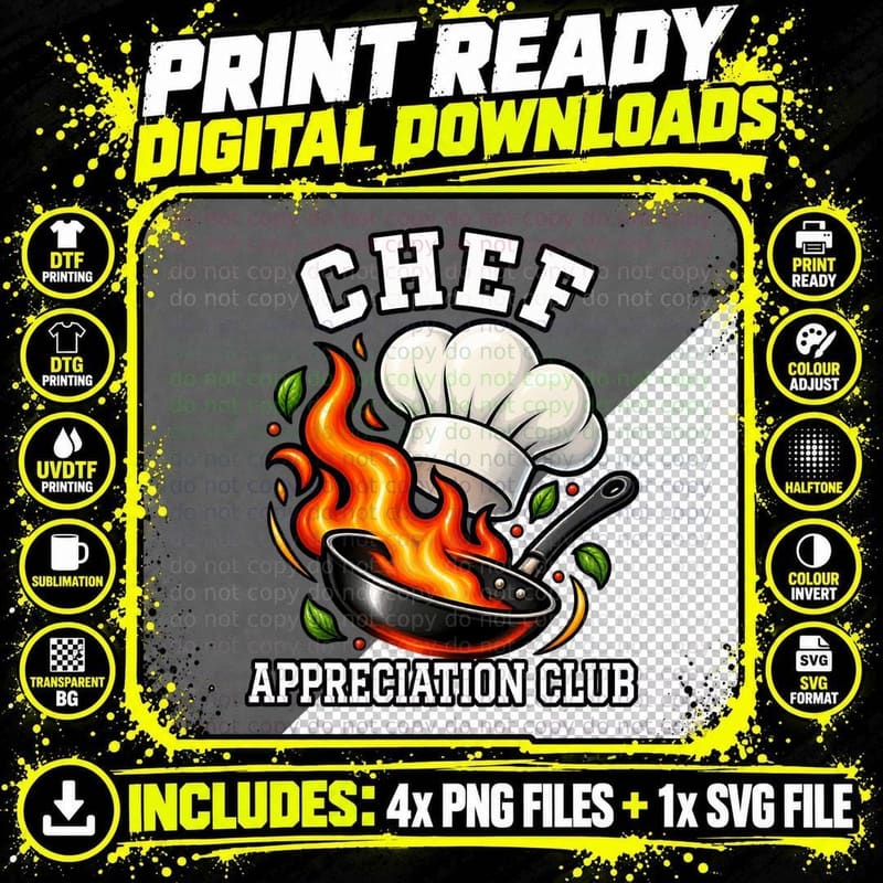 Chef Appreciation Club Retro Chef Hat Flaming Frying Pan Png SVG Digital Bundle