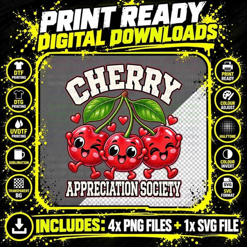 Cherry Appreciation Society Cute Cartoon Retro Cherry Png SVG Digital Bundle