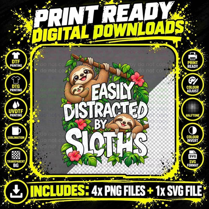 Cute Sloth Lover Tropical Jungle Animal Funny Cartoon Png SVG Digital Bundle