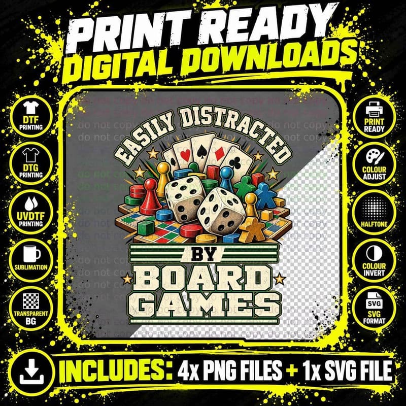 Easily Distracted By Board Games Vintage Tabletop Gamer Png SVG Digital Bundle