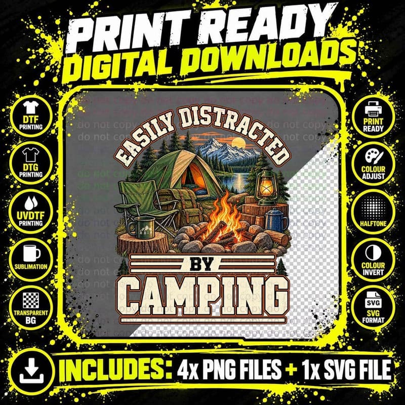 Easily Distracted By Camping Vintage Campfire Tent Png SVG Digital Bundle