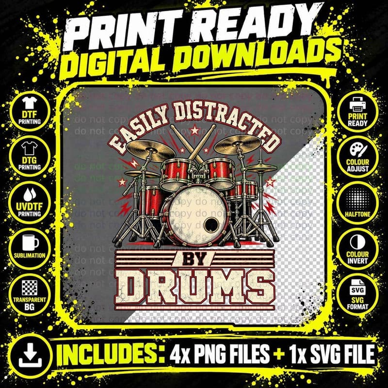 Easily Distracted By Drums Vintage Rock Drummer Drum Kit Png SVG Digital Bundle