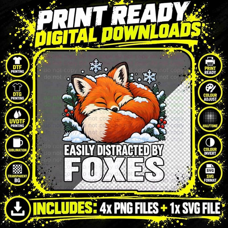 Easily Distracted By Foxes Cute Sleeping Winter Fox Png SVG Digital Bundle