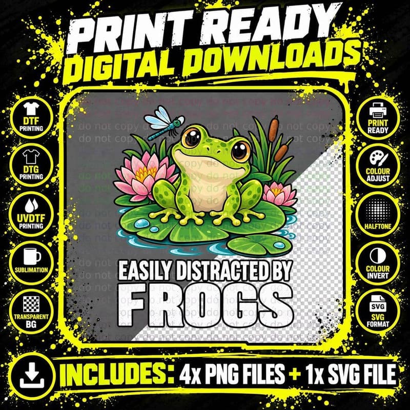 Easily Distracted By Frogs Cute Frog Lily Pad Pond Png SVG Digital Bundle