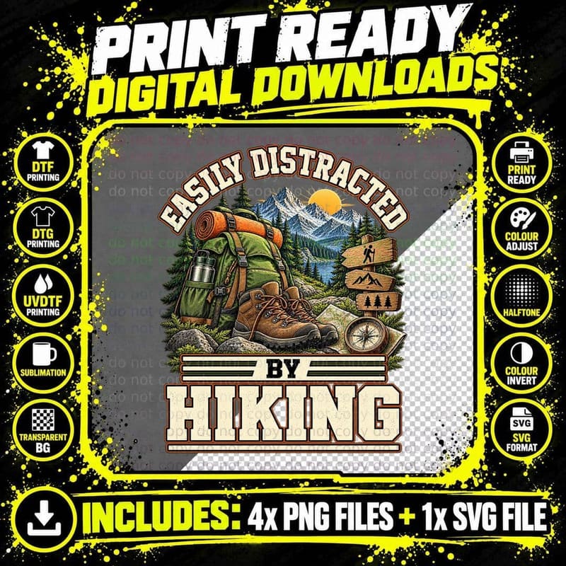 Easily Distracted By Hiking Vintage Mountain Trail Boots Png SVG Digital Bundle