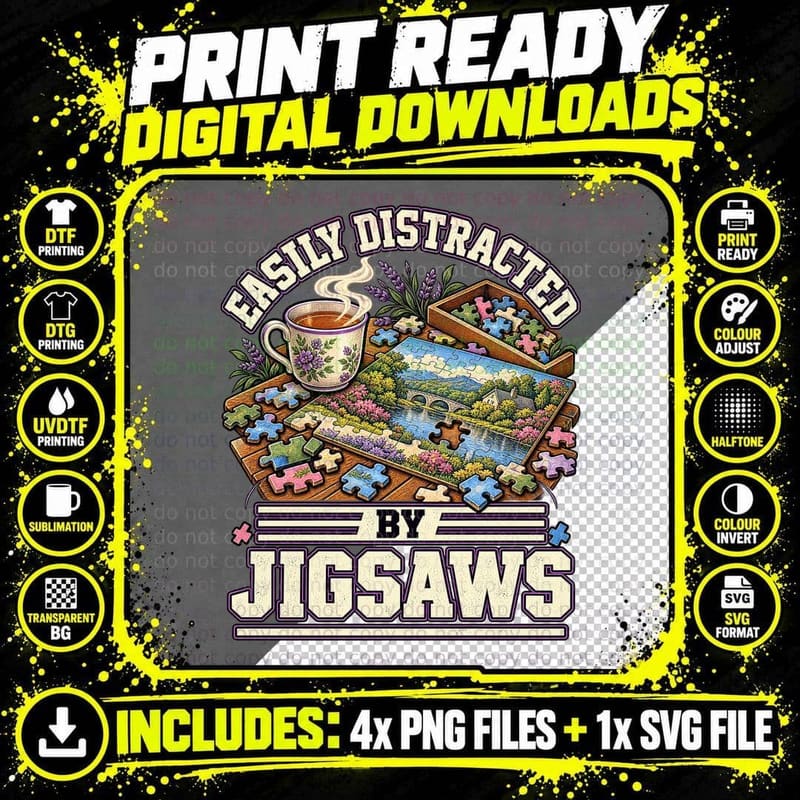 Easily Distracted By Jigsaws Vintage Jigsaw Puzzle Tea Png SVG Digital Bundle