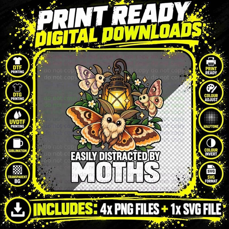Easily Distracted By Moths Vintage Lantern Cottagecore Png SVG Digital Bundle