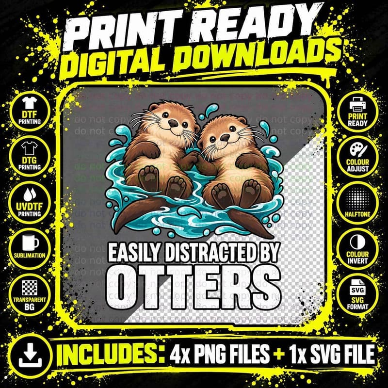 Easily Distracted By Otters Cute Otters Holding Hands Png SVG Digital Bundle