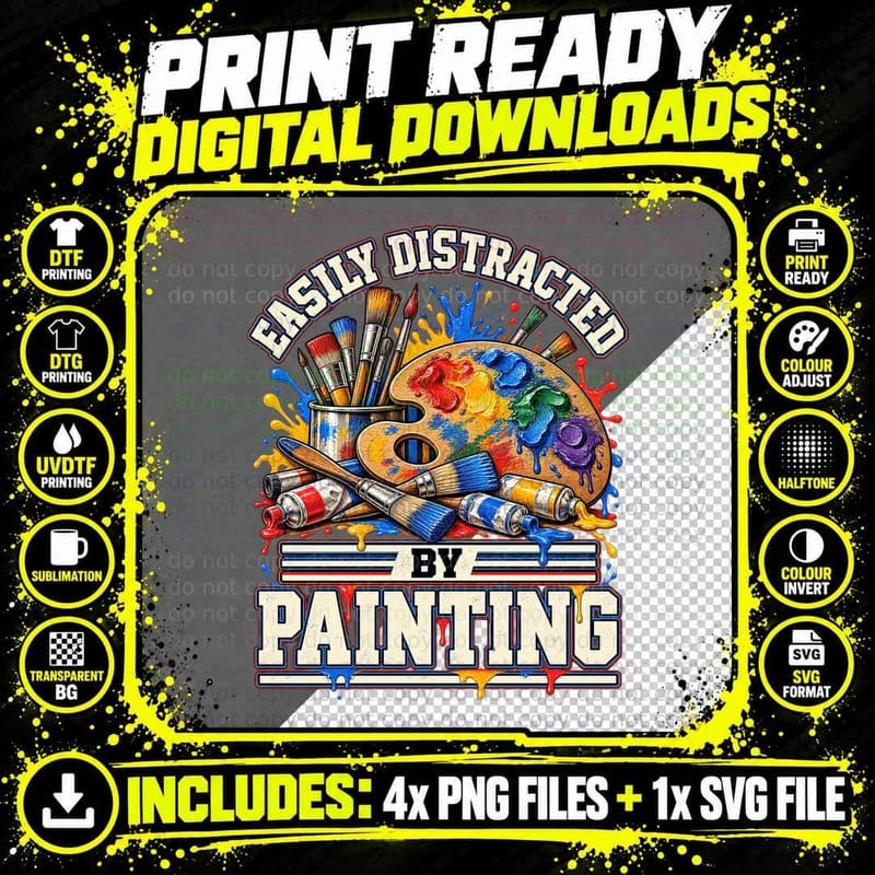 Easily Distracted By Painting Retro Artist Paint Palette Png SVG Digital Bundle
