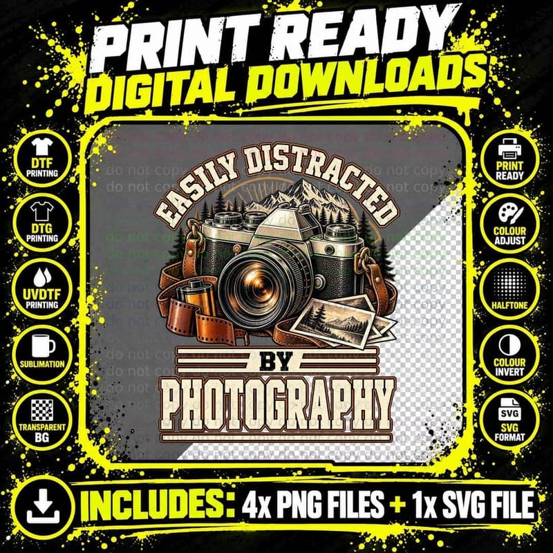 Easily Distracted By Photography Vintage Film Camera Png SVG Digital Bundle