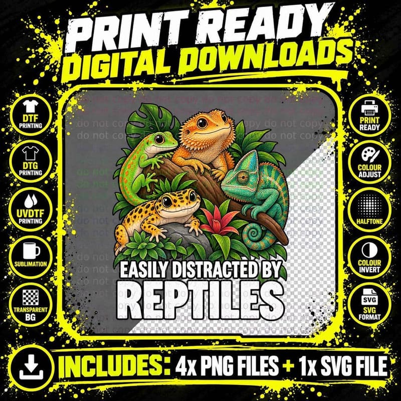 Easily Distracted By Reptiles Bearded Dragon Gecko Png SVG Digital Bundle