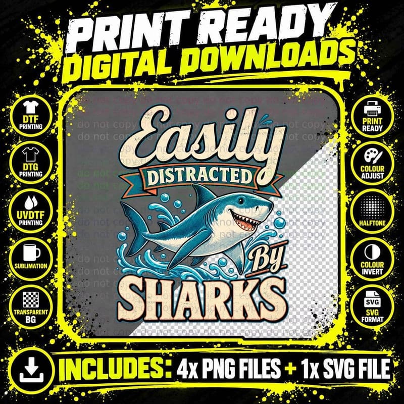 Easily Distracted By Sharks Funny Retro Shark Lover Png SVG Digital Bundle